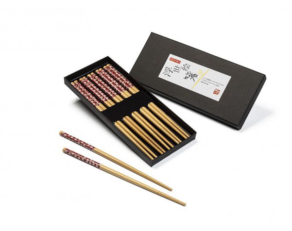 Palillos chinos de bambú decorados rojo caja con 5 pares