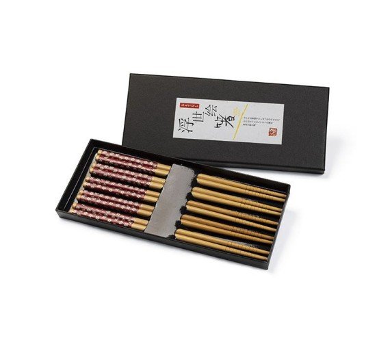 Palillos chinos de bambú decorados rojo (caja con 5 pares)